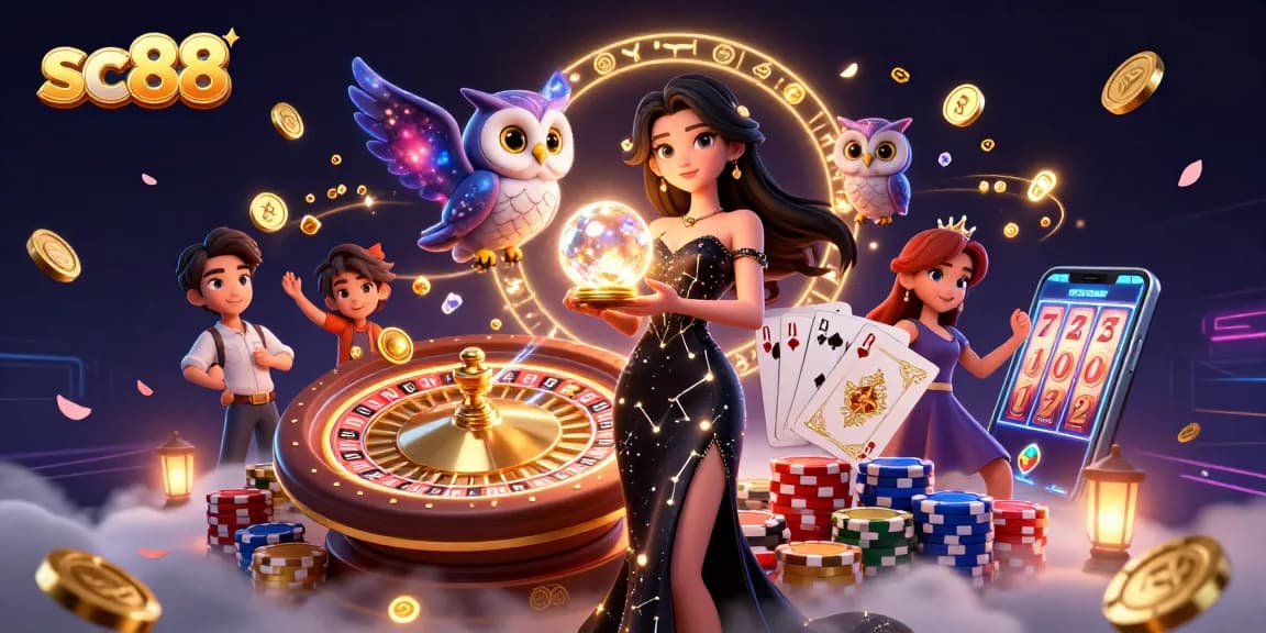 Experience thrilling gaming action at sc88, featuring sparkling gems, interactive roulette, and vibrant casino elements.