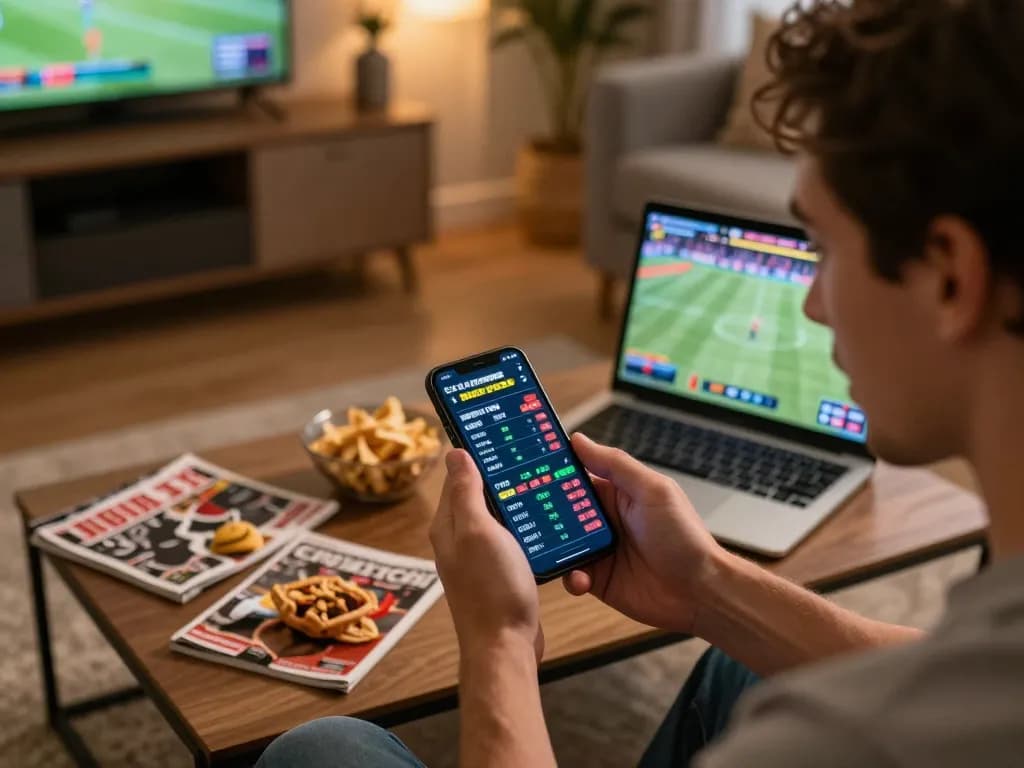 Engaged user placing bets on 92SLOT app while watching live sports at home.