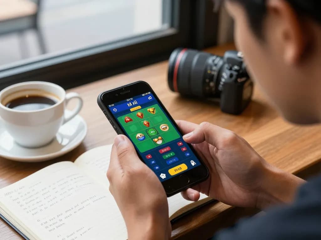 Engaged in tài xỉu online betting with a smartphone in a cozy café setting, reflecting strategic gameplay