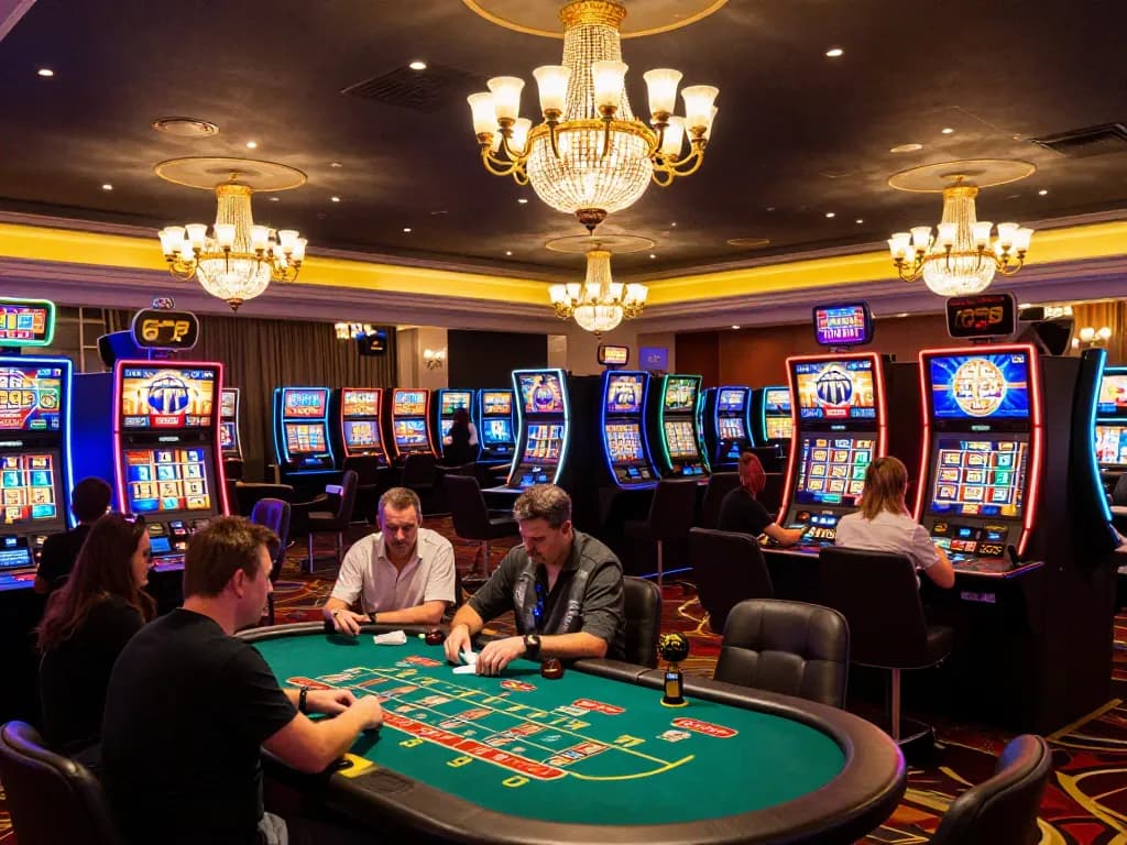 Players enjoying strategic gameplay at GO8 casino tables, surrounded by vibrant slot machines.