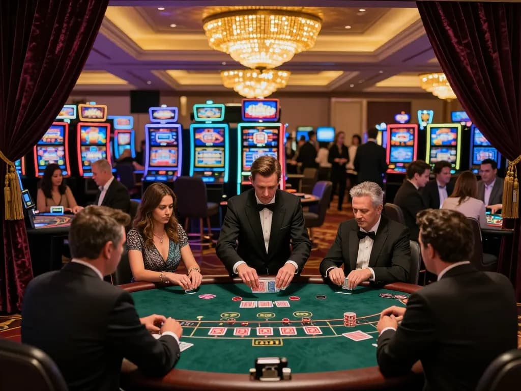 Players engaging in strategic blackjack gameplay at a luxurious casino with vibrant S666 atmosphere