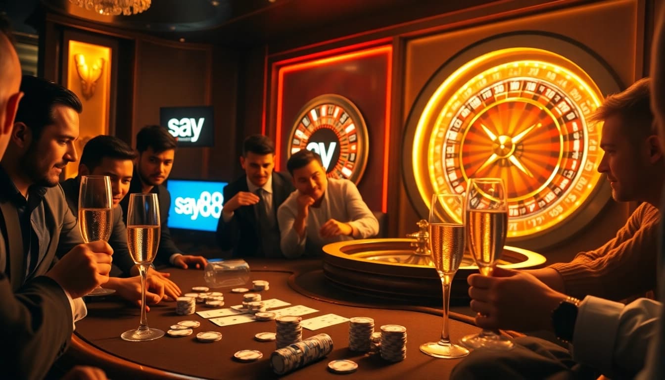 Players engage around a poker table at say88, surrounded by vibrant casino elements and luxury ambiance.