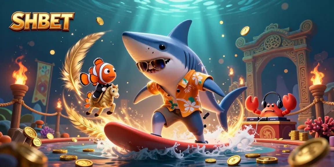 Surf gold coins with SHBET’s fun characters in a vibrant underwater casino environment.