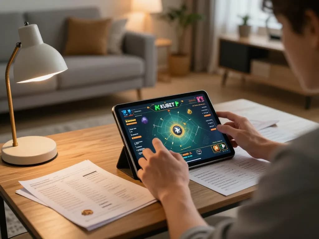 KUBET player enjoying an online gaming session in a cozy home setting with tablet and strategy notes