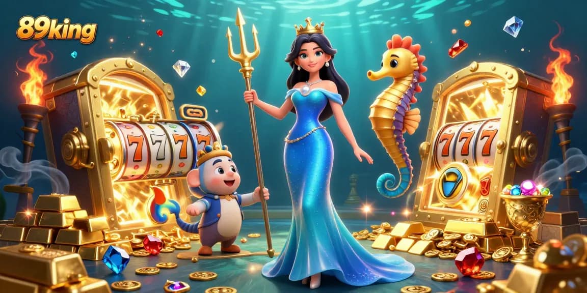 Engage with 89king's immersive 3D casino scene featuring treasures and captivating characters.