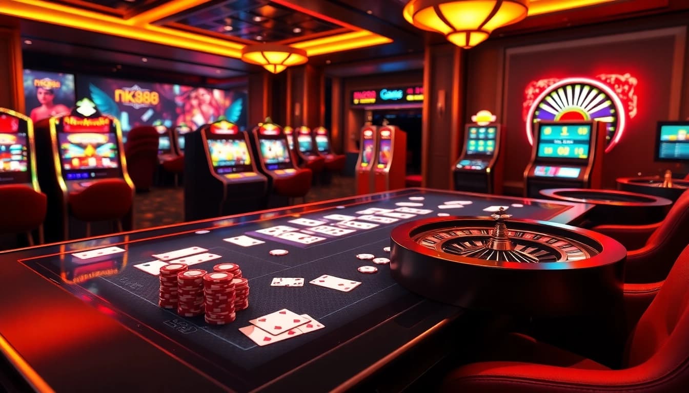 Experience nk88's thrilling online gambling with vibrant casino elements like cards, chips, and slots.