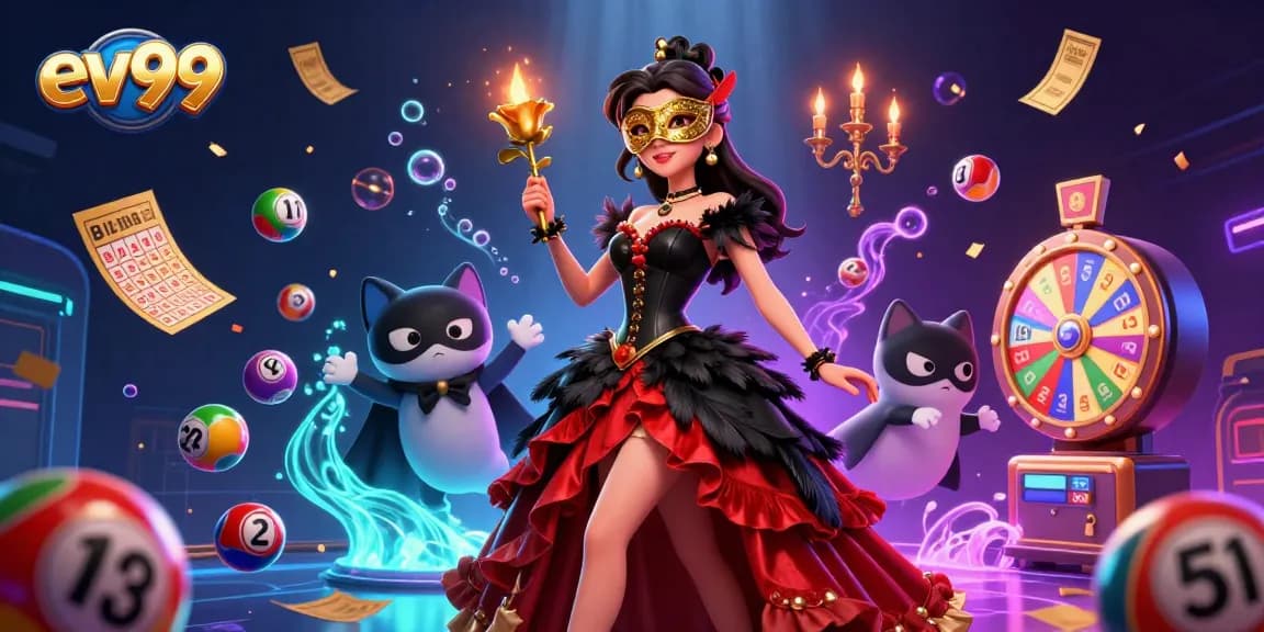 Experience thrilling games with ev99, featuring vibrant lottery elements and characters in a dynamic casino scene.