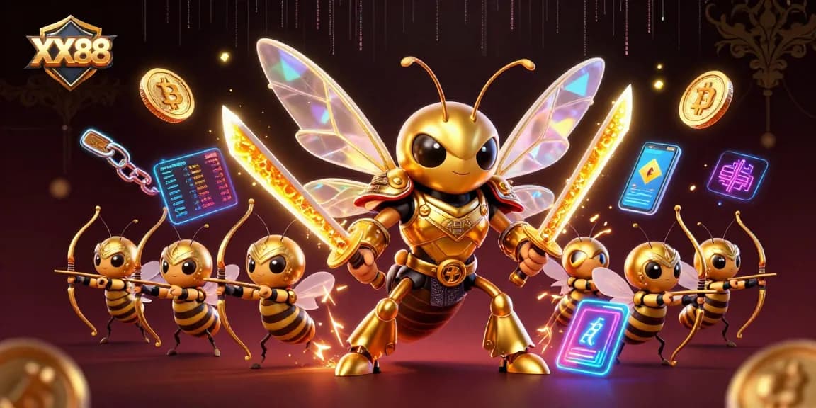 Experience exhilarating gaming at XX88 with a dynamic 3D scene featuring whimsical bee warriors and cryptocurrency elements.