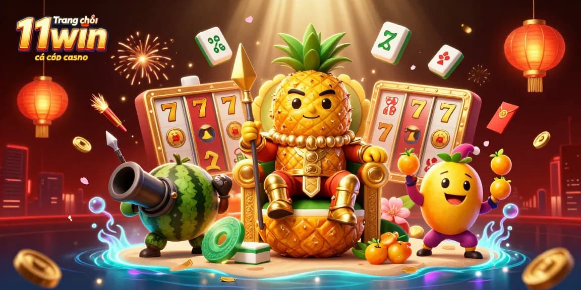 Engage with the exciting Trang chủ 11win cá cược casino featuring an animated scene of a golden pineapple king and vibrant casino elements.