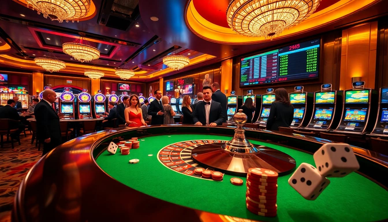 Players enjoying a thrilling game at the jl55 club casino with roulette and slot machines.