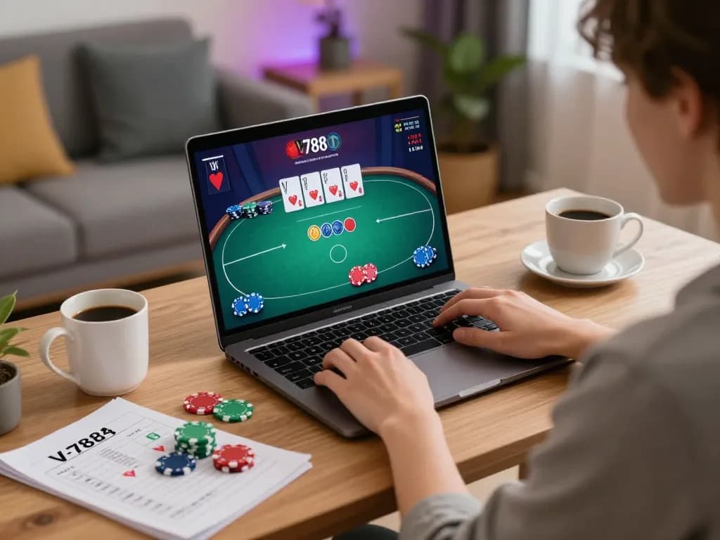 Engaging in V788 online gaming with strategic notes in a cozy home office setup