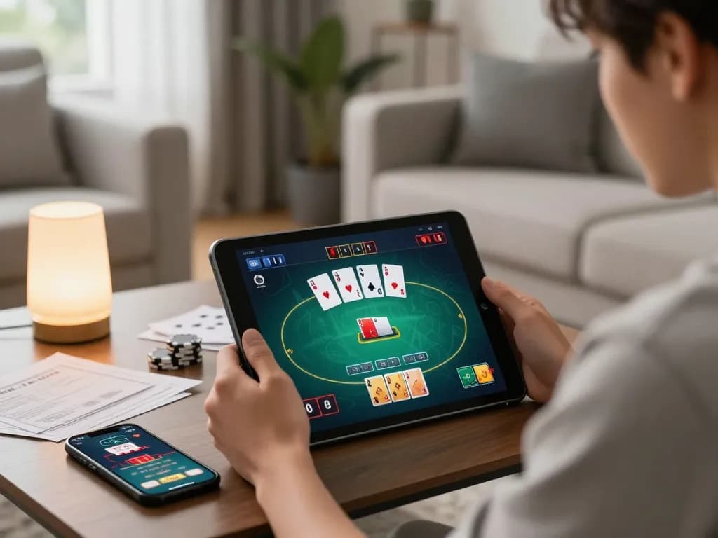 FLY88 user engaged in online casino gaming on a tablet, showcasing poker gameplay.