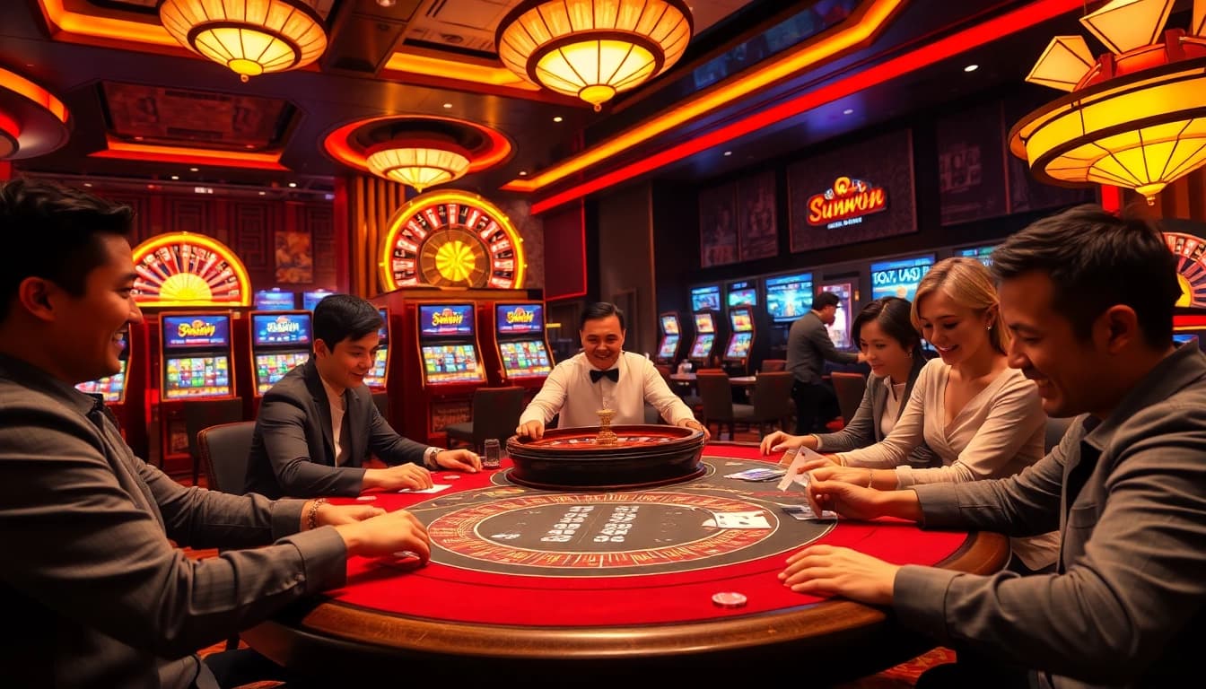 Players enjoying Game bài Sunwin at a luxurious casino table with vibrant slot machines in the background.