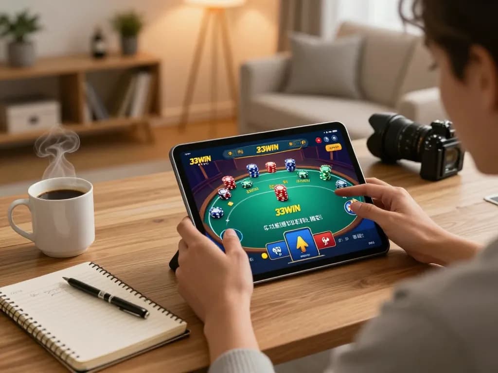 Player enjoying the 33WIN app on tablet with casino graphics and strategic notes at home.