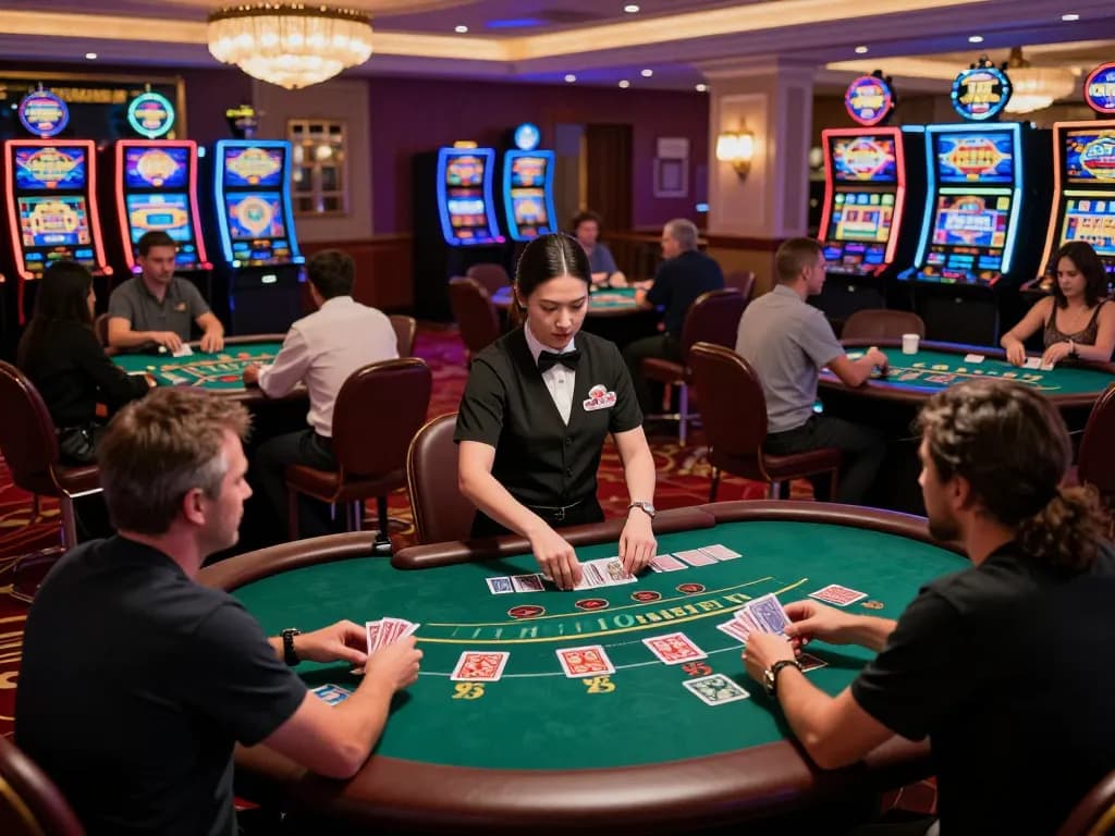 Players enjoying blackjack excitement at jun88's luxurious casino.