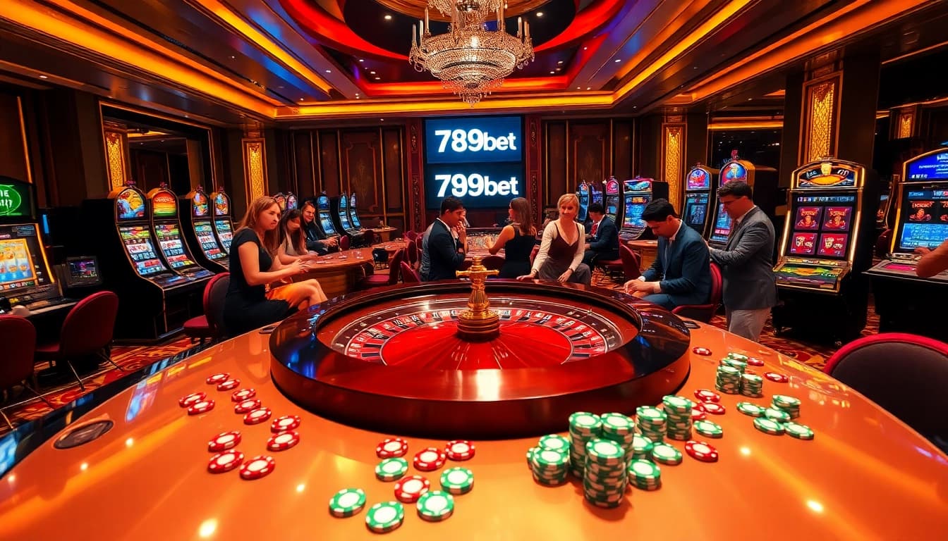 Players placing bets at an opulent casino table, showcasing excitement and elegance with the 789bet logo.
