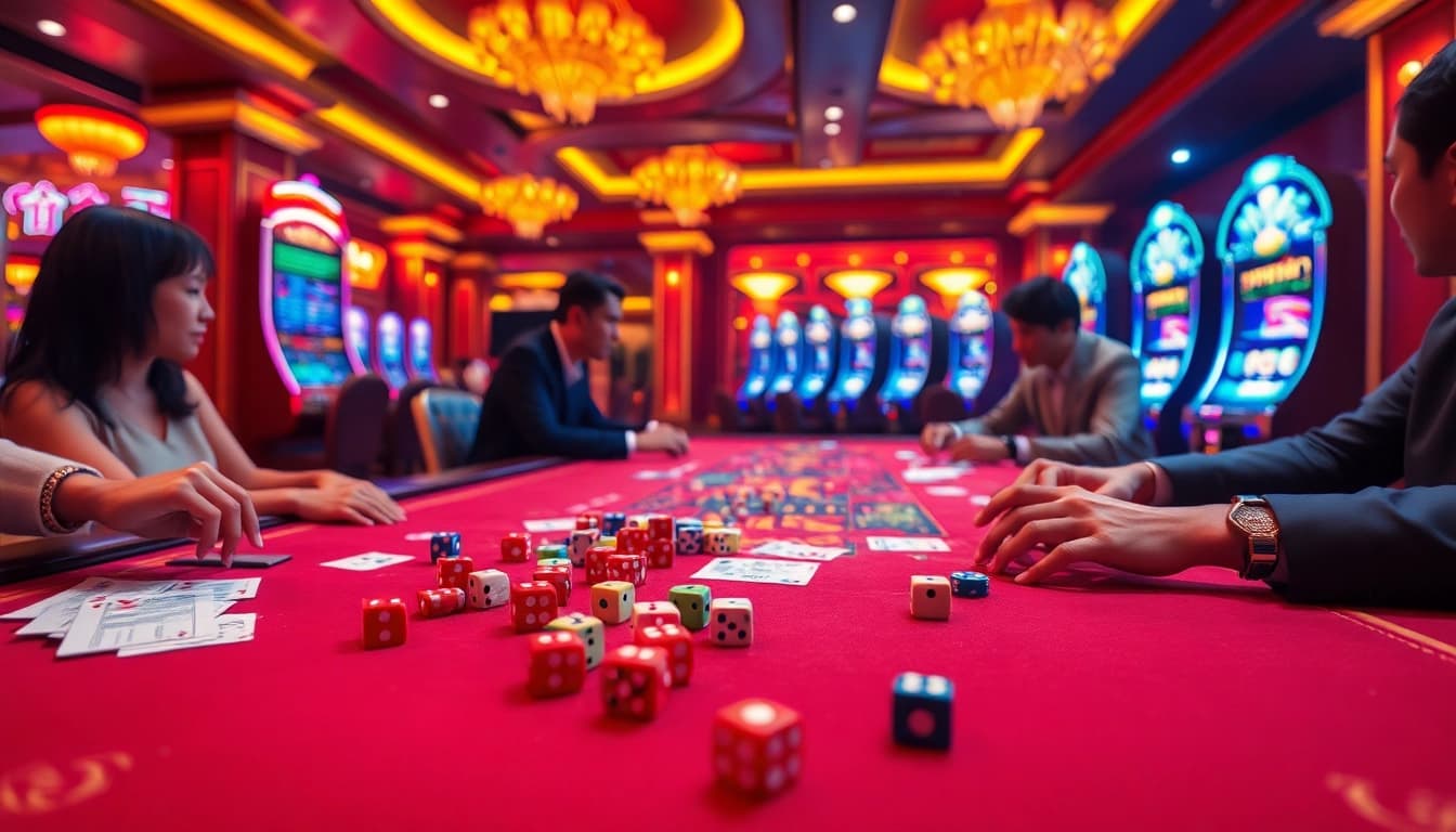 Tài xỉu MD5 gaming action at an upscale casino, featuring dice and vibrant betting slips.