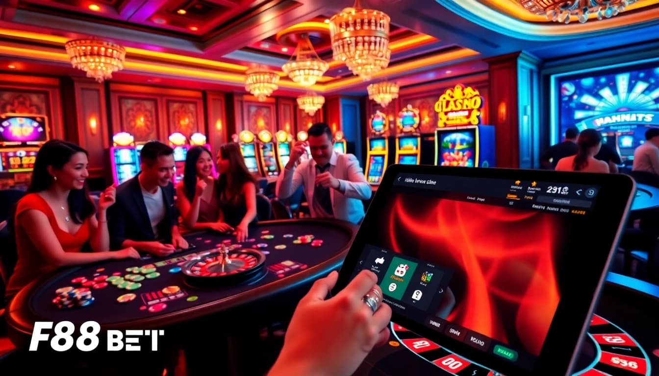 Play exciting games at F88BET with vibrant casino tables and thrilling slot machines.