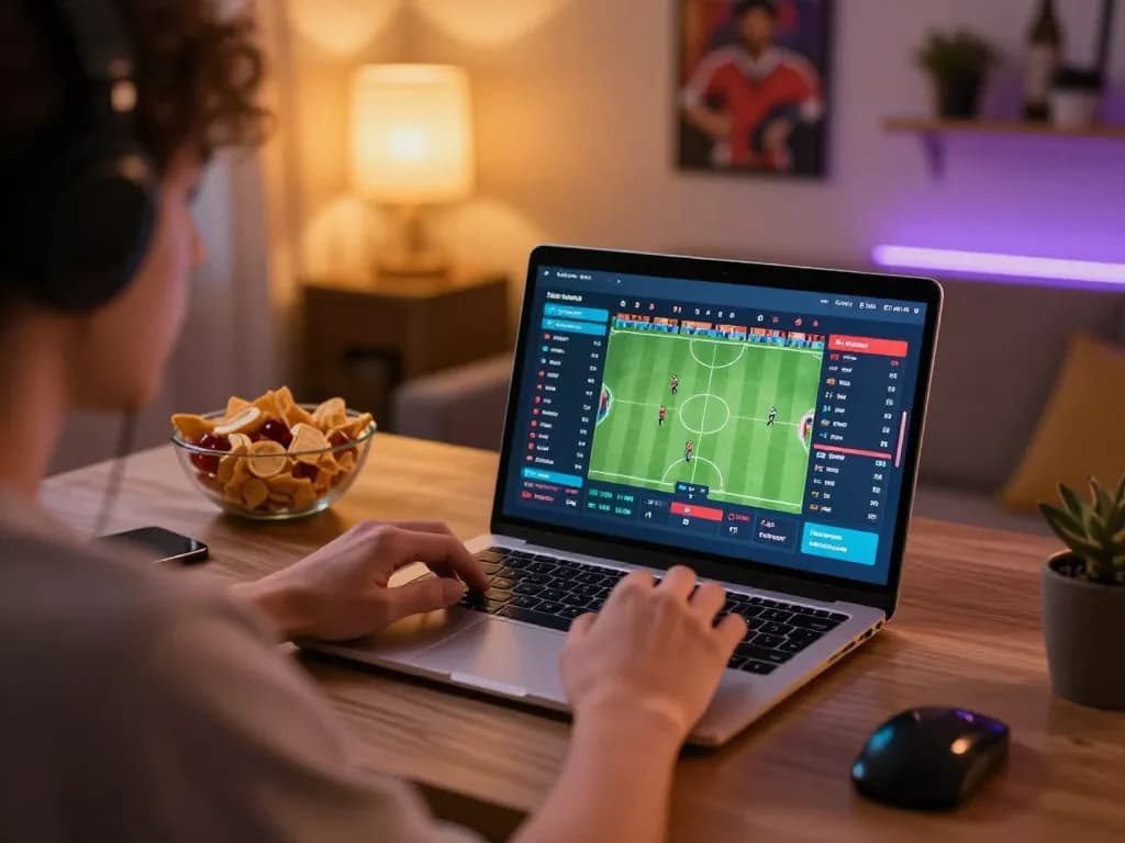 Player using laptop for debet sports betting with live match stats and warm lighting.