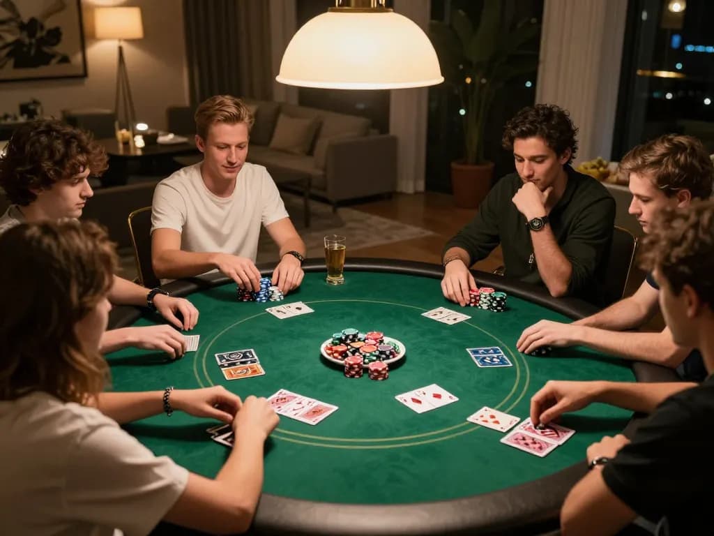 Players enjoying an engaging poker night at home, showcasing bl555 strategies with cards and chips in hand.
