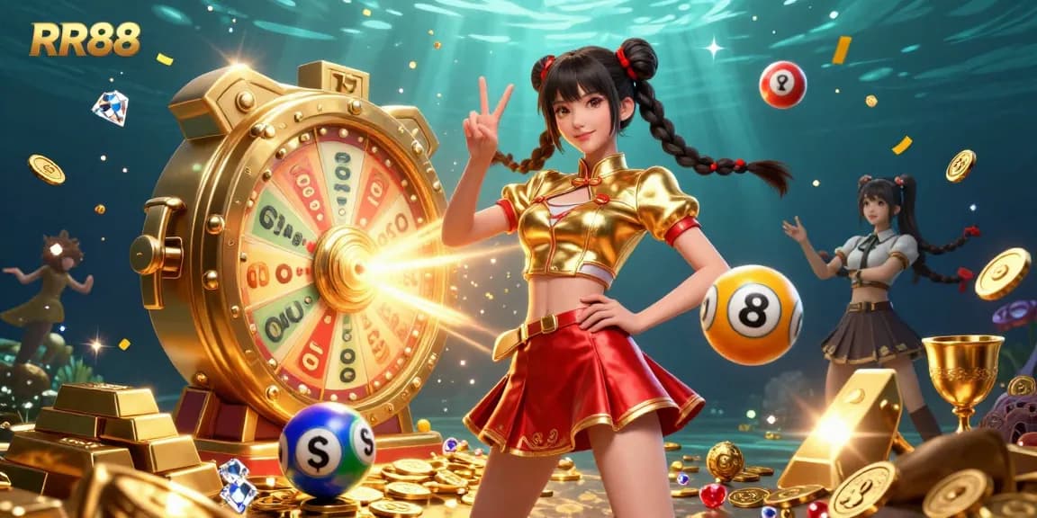 Win at RR88 with vibrant 3D illustration showcasing fun casino excitement and vibrant colors.