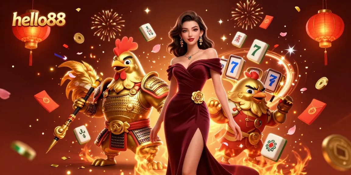 Engage with thrilling games at hello88, highlighted by a glamorous woman and a samurai rooster warrior.