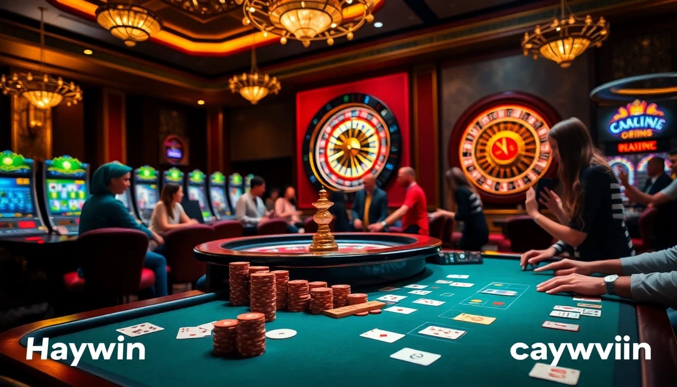 Haywin users enjoy an exciting game at a luxurious casino table with cards and chips.