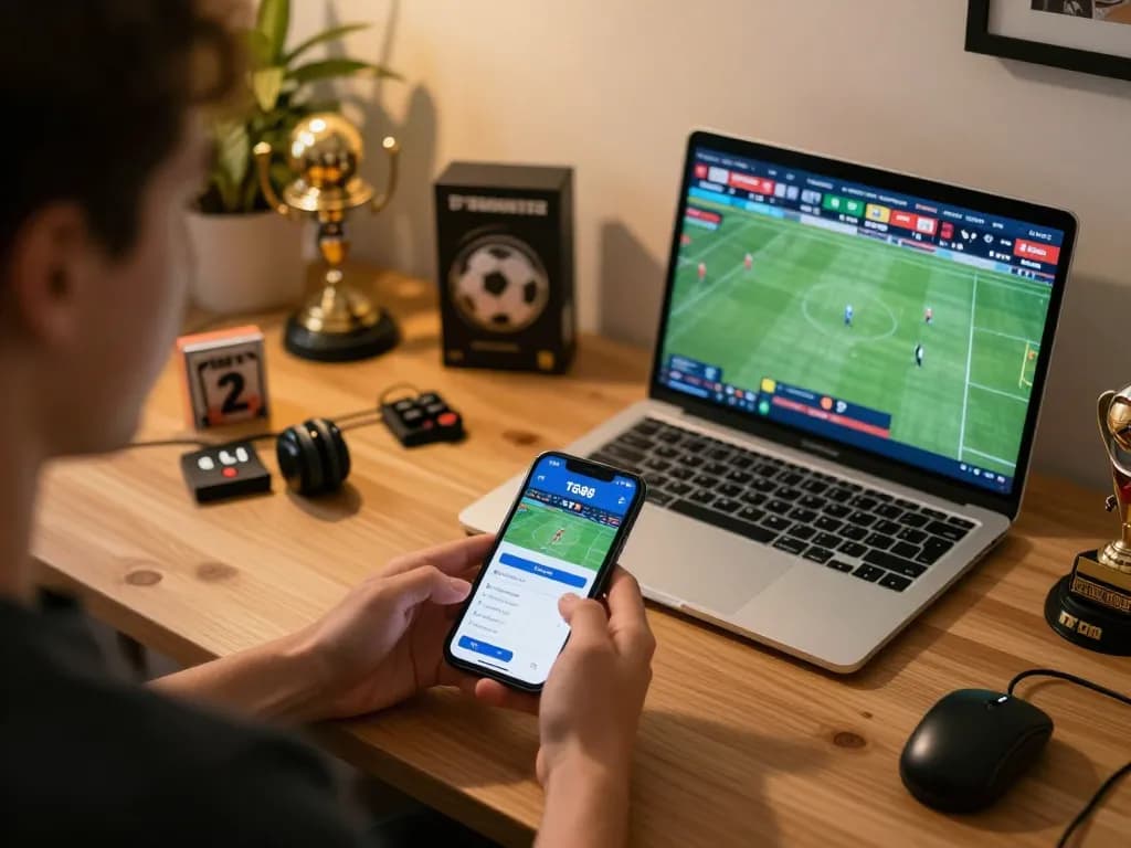 Engaged user placing bets on TG88 sports app during live sports event at home