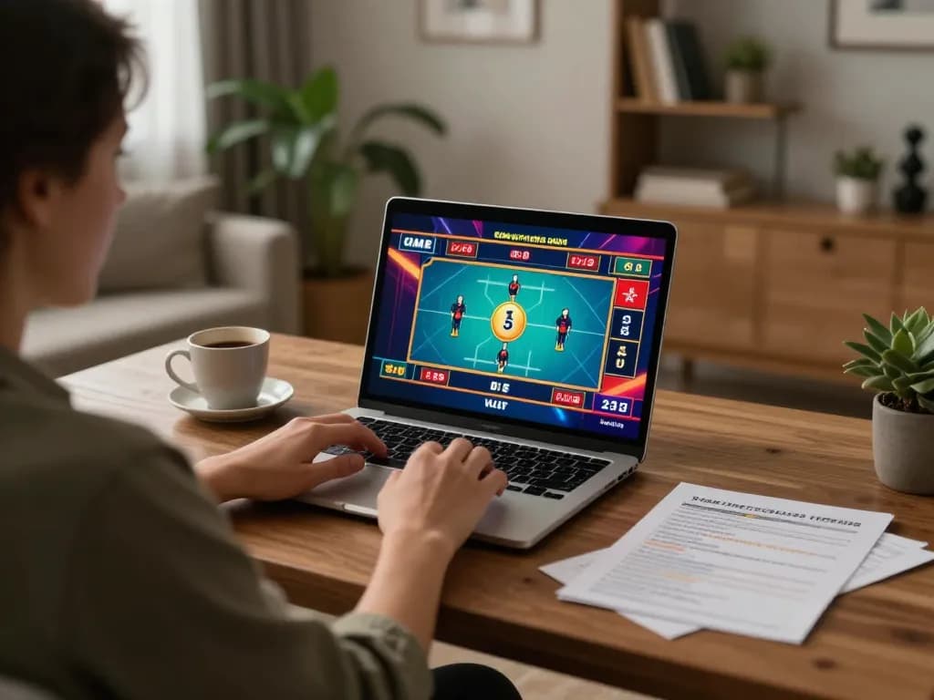 An engaged gambler enjoys onbet's online live dealer games at home, using a laptop while budgeting bets