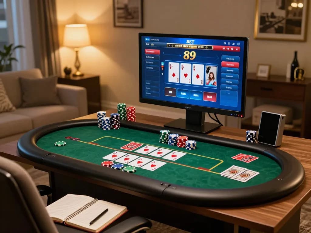 Engaging in strategic online poker games at 89 bet with chips and cards in a cozy home setting.