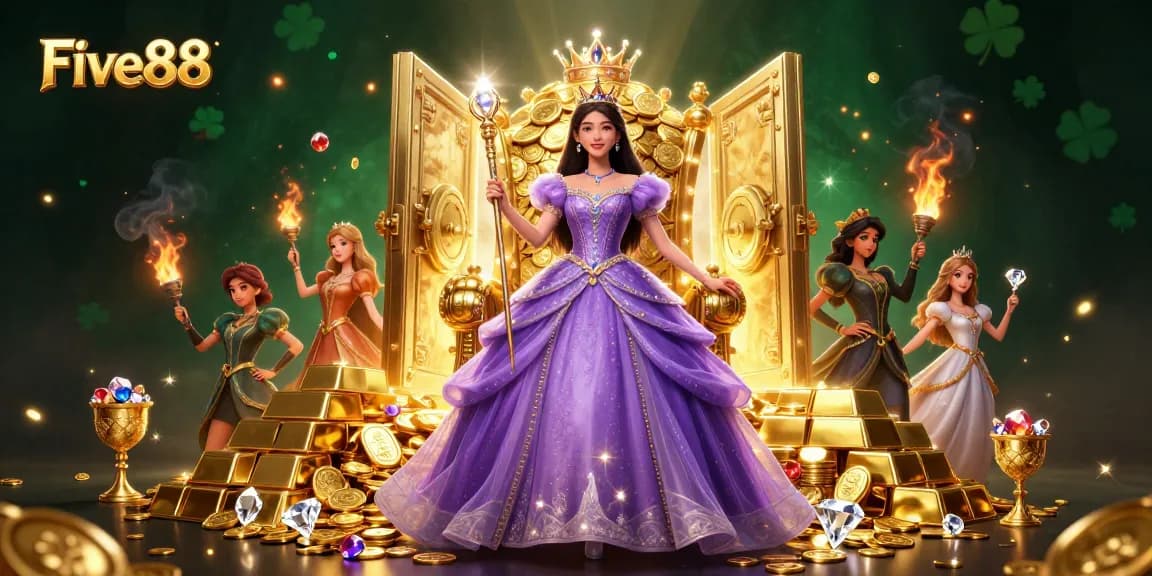 Experience the thrill of Five88 with our stunning illustration showcasing royal elements and casino riches.