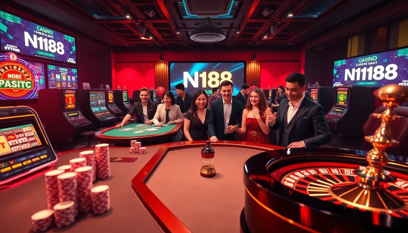 N188 online casino scene featuring vibrant tables, elegant poker chips, and dynamic slot machines