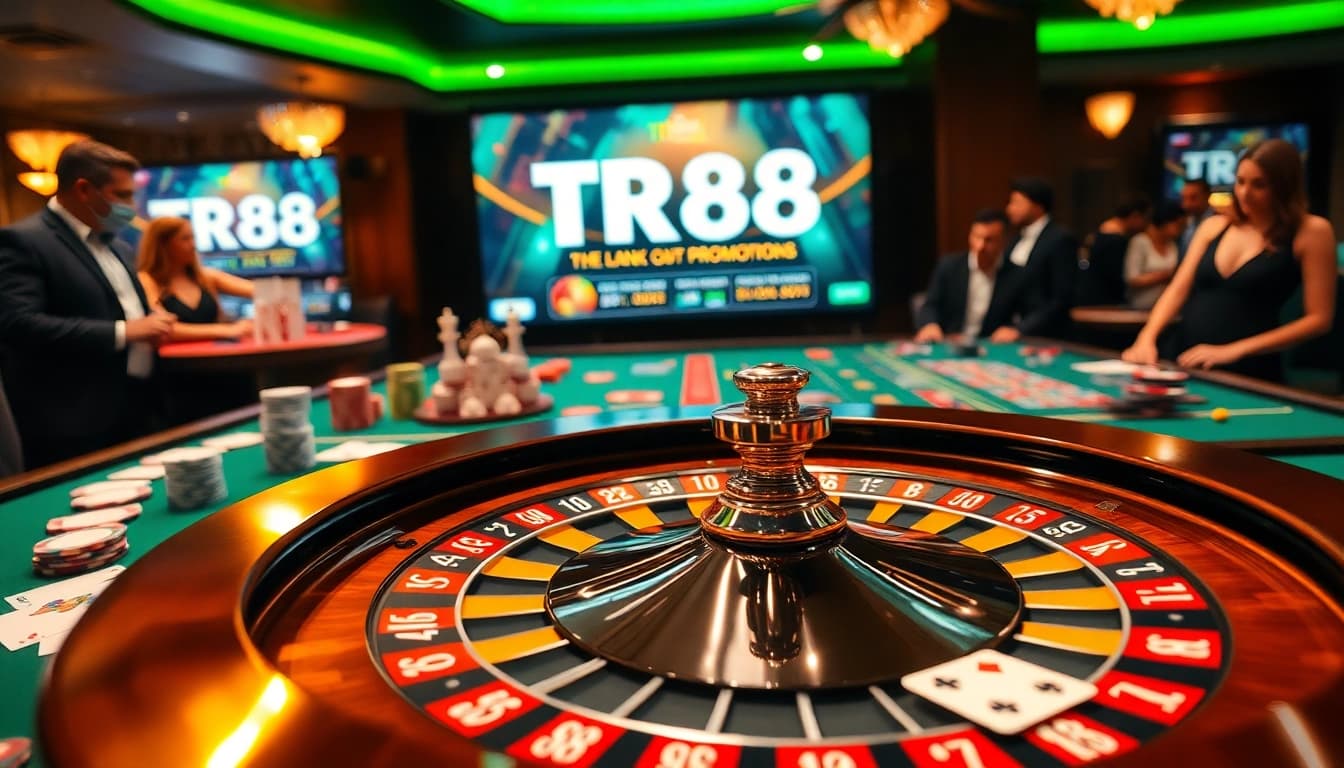 Players engaged at a casino table featuring the TR88 link, showcasing vibrant roulette and poker elements.