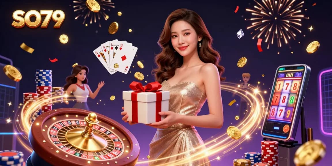 Spin the SO79 roulette wheel and win with festive casino excitement featuring an Asian woman.