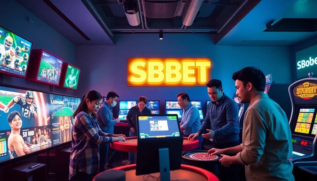 Engaging scene showcasing online gambling excitement at sbobet.dance with players on digital devices.