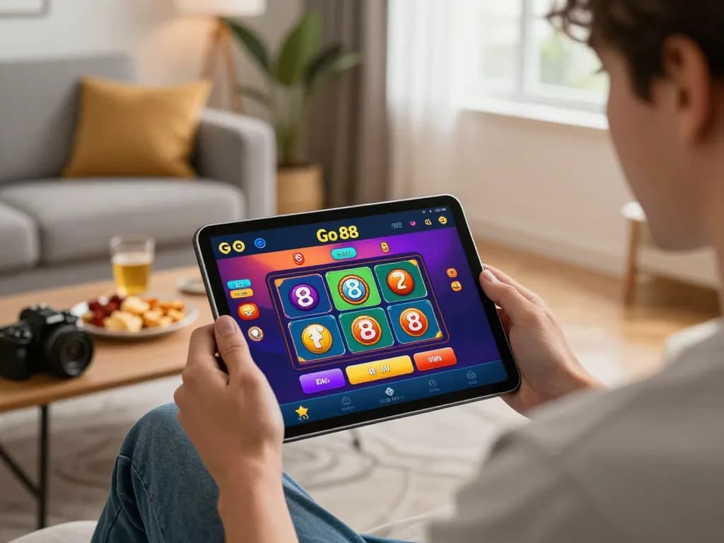 Engaged player exploring online casino with Go 88 app on tablet in a cozy living room setting