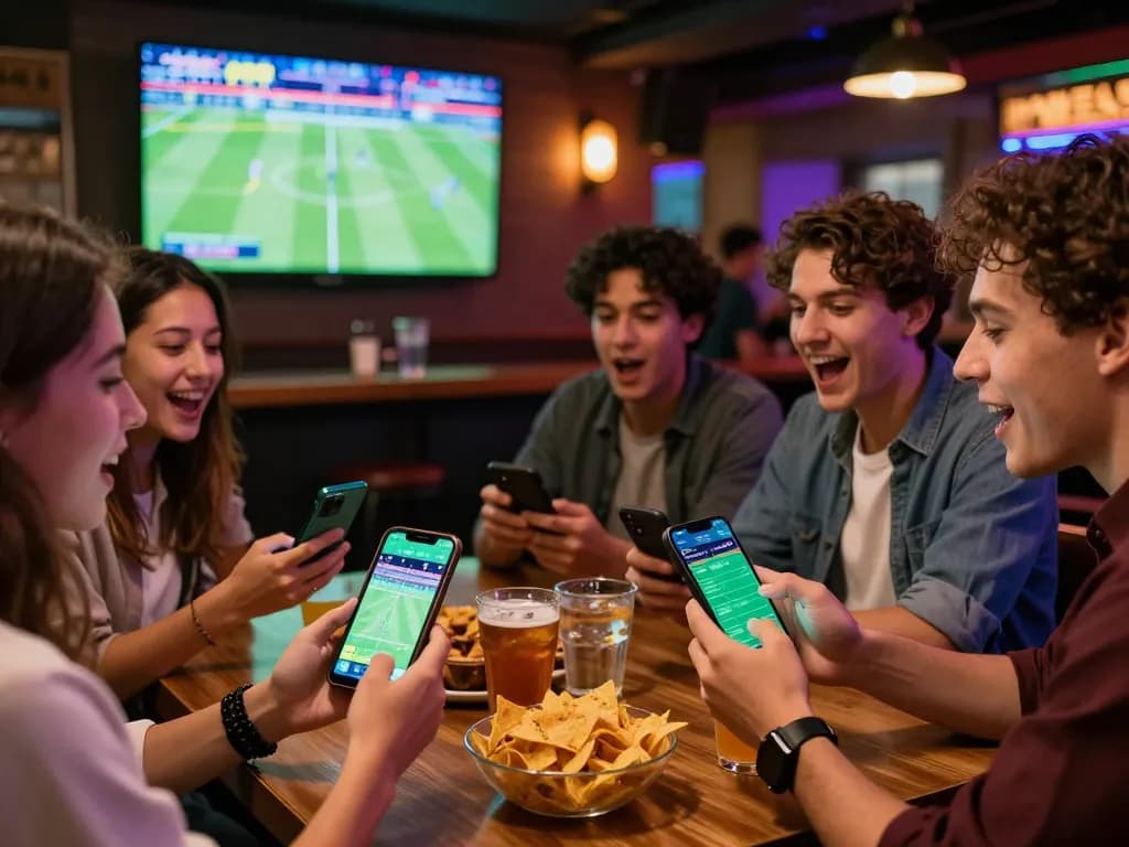 Engaging friends placing bets on the 789 Win app while enjoying live sports.