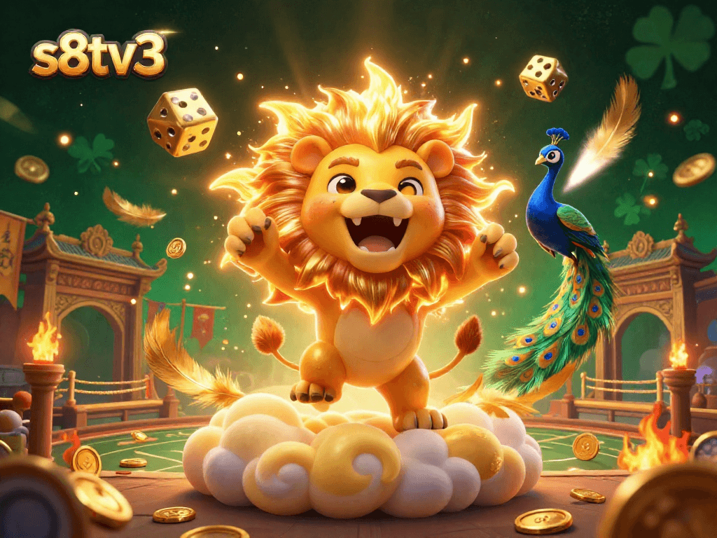 Experience thrilling sports betting with s8tv3, featuring a dynamic scene of a roaring lion, golden dice, and gambling excitement.