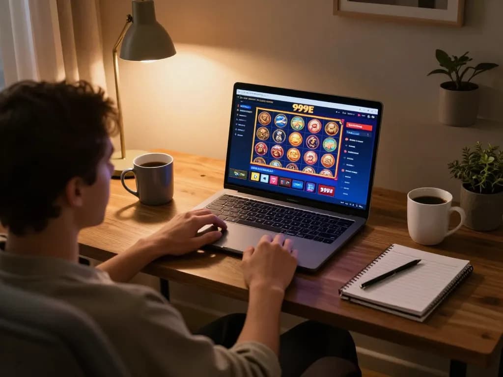 Player enjoying online casino games on 999E with engaging laptop interface and cozy setting
