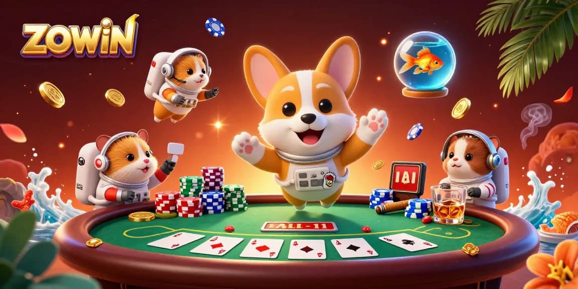 ZOWIN ignites excitement in a vibrant casino scene featuring an astronaut corgi and animated characters.