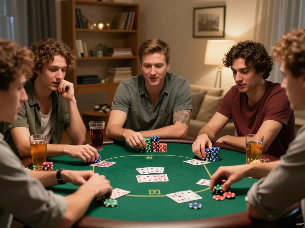 Friends enjoying poker night at home, showcasing the excitement and strategy of playing k8cc.