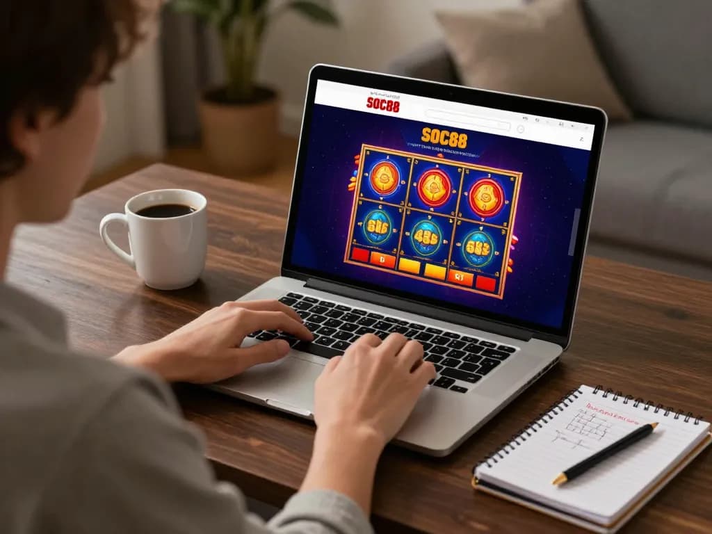SOC88 user engaging with online slots on a laptop in a cozy home environment