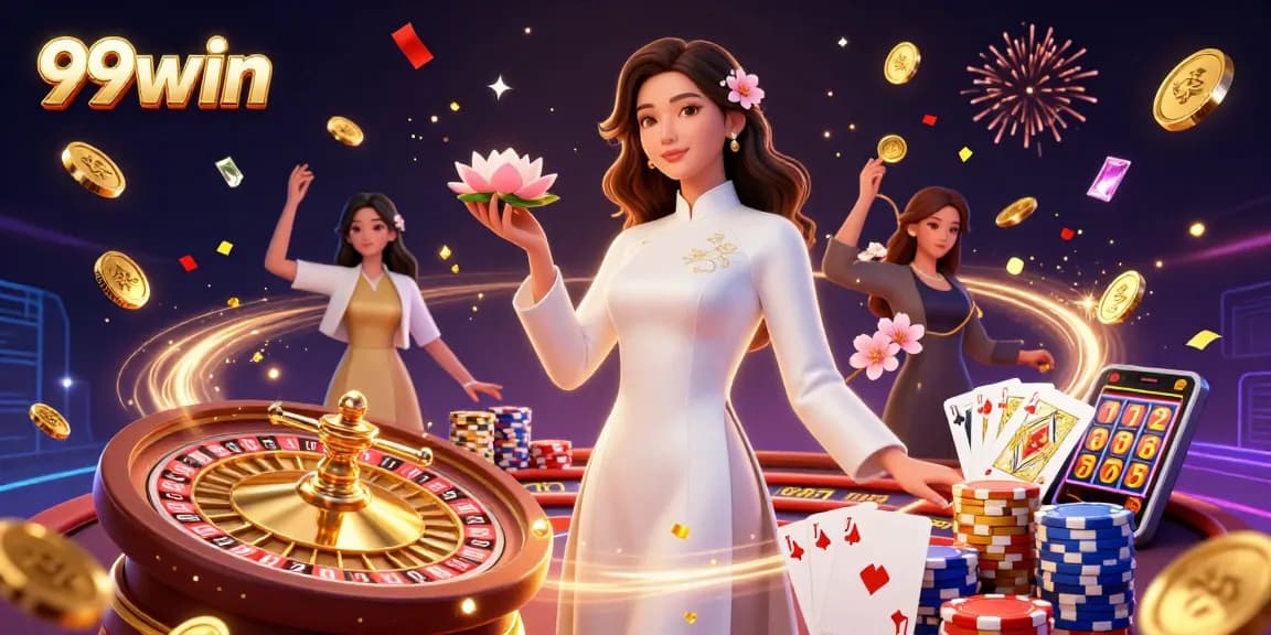 Experience the excitement of 99win with vibrant casino elements and elegant characters, sparkling gems, and action.