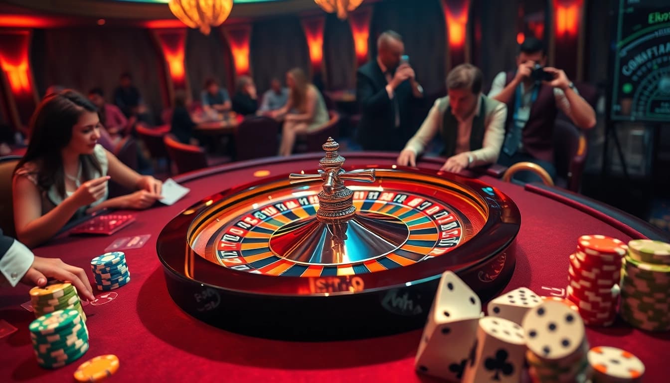 Engaged players at a vibrant kkwin roulette table, showcasing excitement and thrilling gambling action.