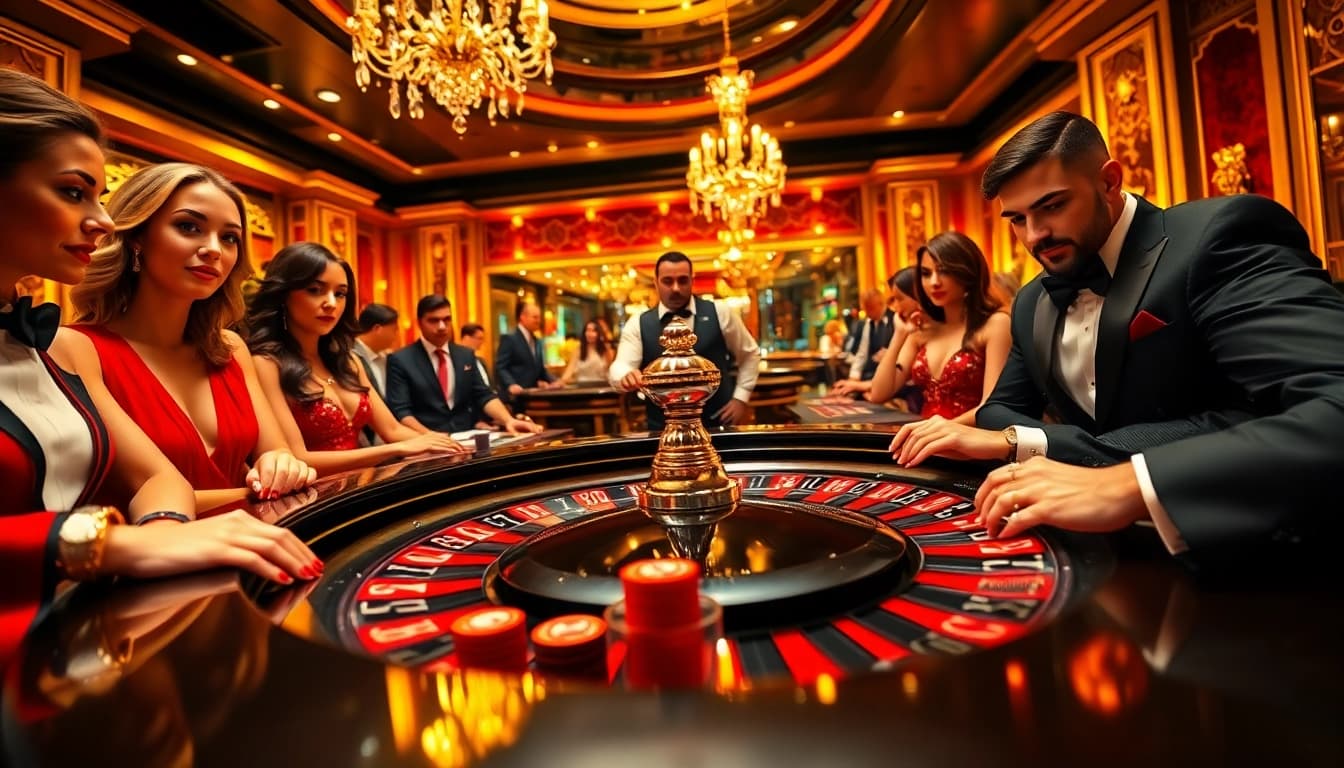 Engaging scene at https://rr88.black/ casino with players focusing on a roulette table for an exciting experience.