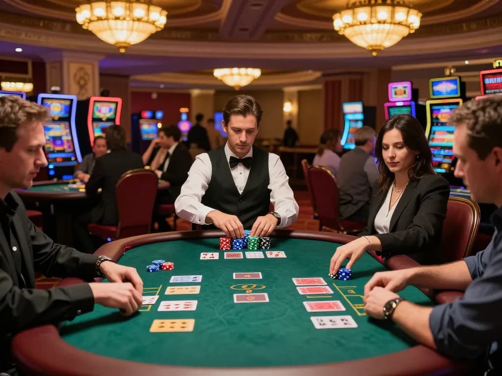 Active gameplay at the tập đoàn ATQ casino with players celebrating wins, depicting vibrant poker table action.