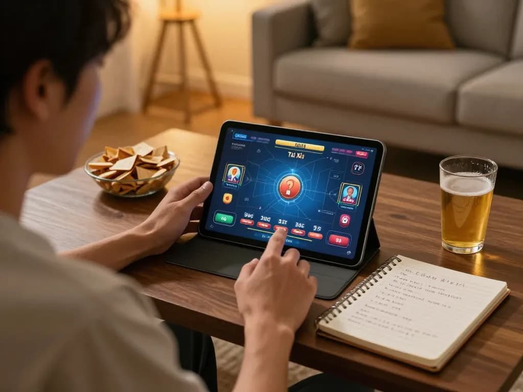 Tài Xỉu online gaming experience in a cozy home setting with tablet in use