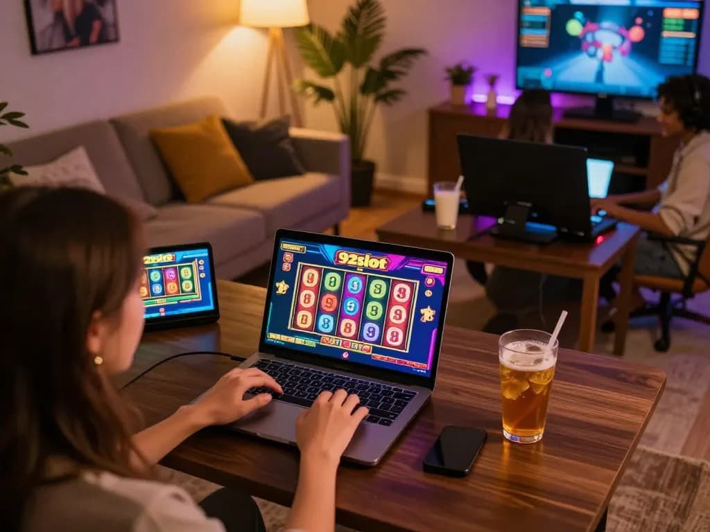 Enjoying engaging slot games on 92slot with a lively home atmosphere, showcasing excitement and fun.