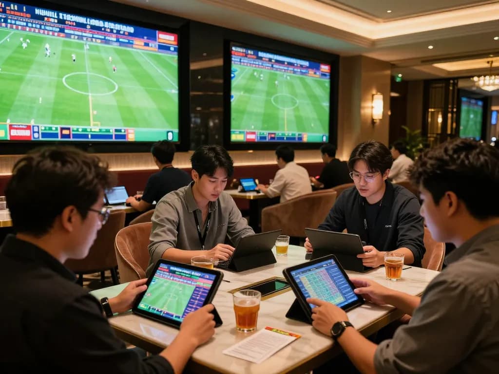 Tỷ Lệ Bóng Đá showcased in a lively sports betting lounge as enthusiastic bettors analyze the live matches.