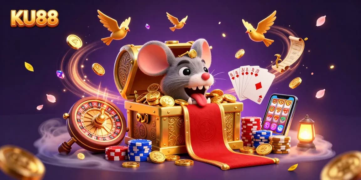 Spin to win with KU88: A vibrant illustration of a treasure chest and casino games.